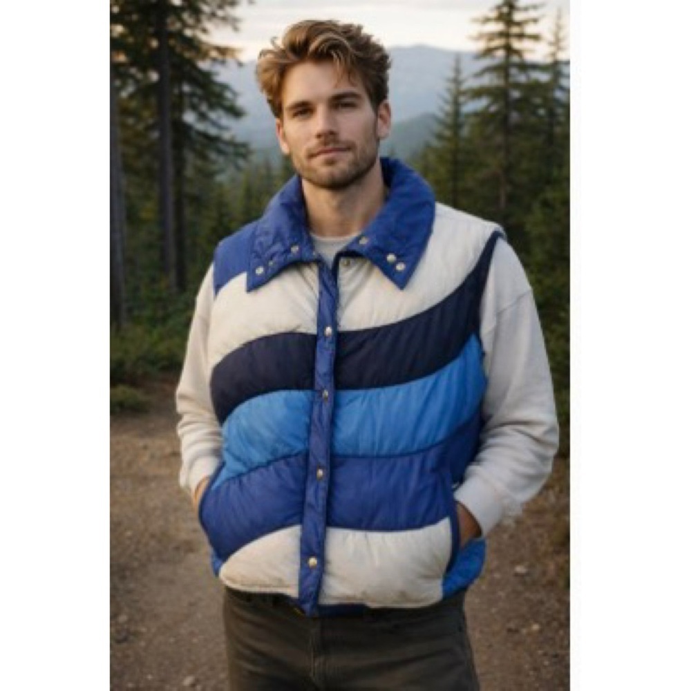 Vintage Mountain Goat 70’s Retro Blue White Down Puffer Gorpcore Vest Size L